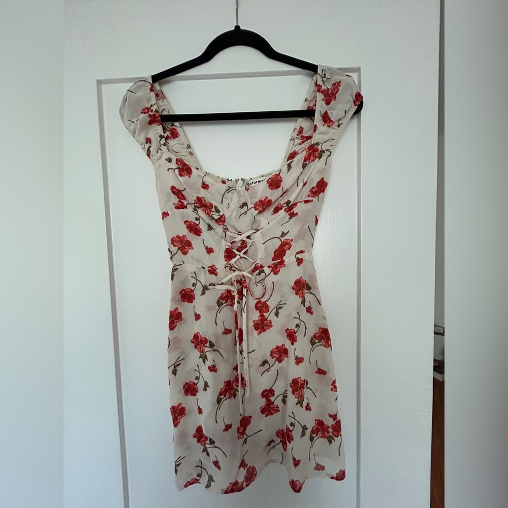 Reformation lace up floral mini dress